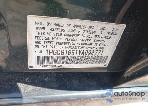 2000 Honda Accord 3.0 Ex z USA, uszkodzony, nr VIN 1HGCG1651YA094771